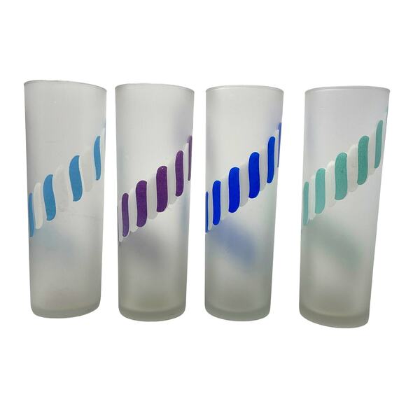 Set of 4 MCM Libbey Frosted Candy Stripe Tom Collins Glasses in Mint Condition - Picture 1 of 8